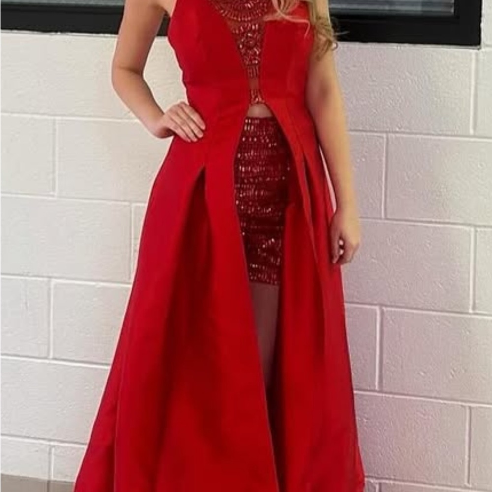 Rachel Allan Striking Red sequin shorts with sequined cape top. Style 7556